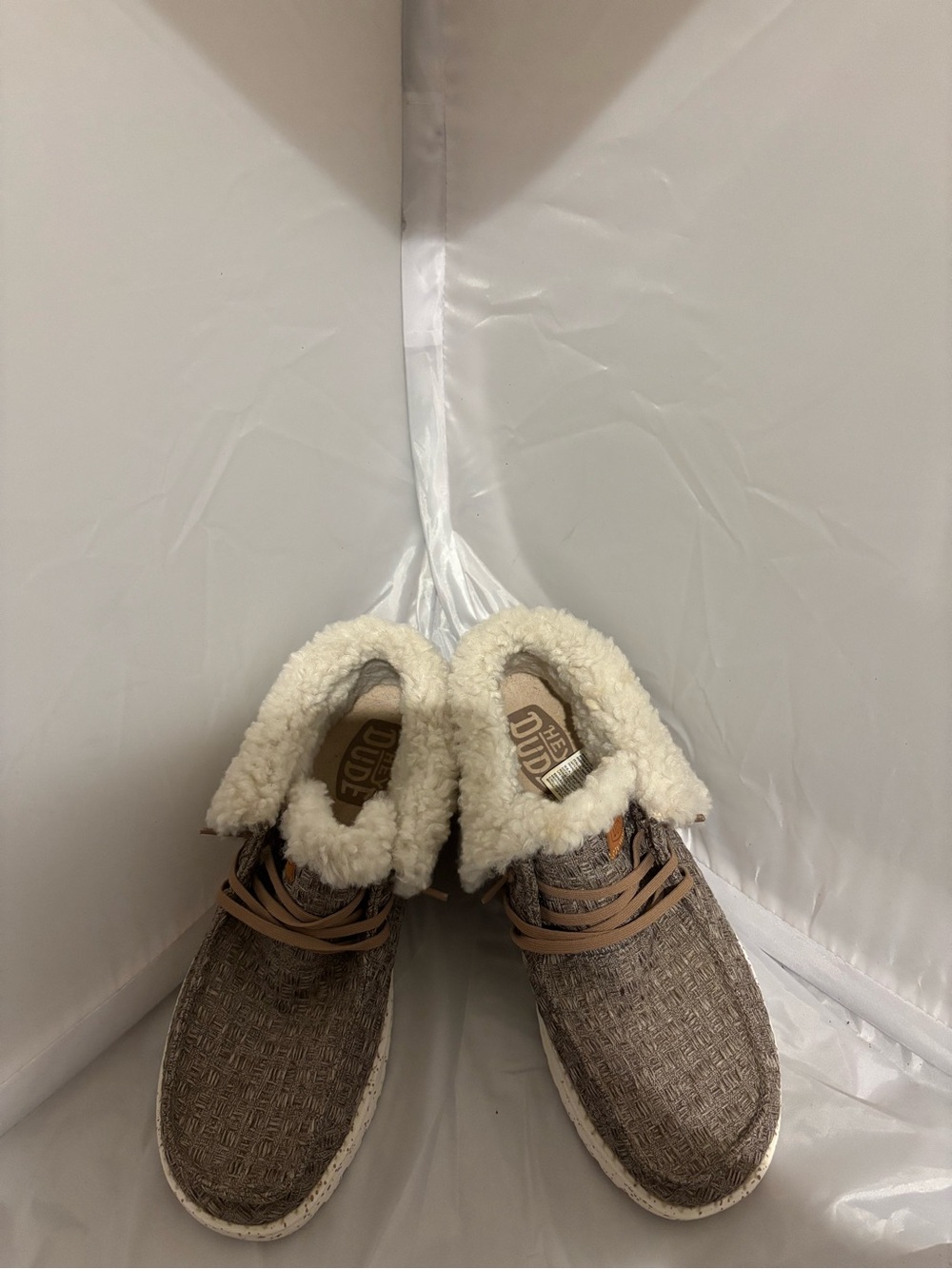 Hey Dude Women's Slip-On Slippers - Taupe Upper with Cream Sherpa. Size 8